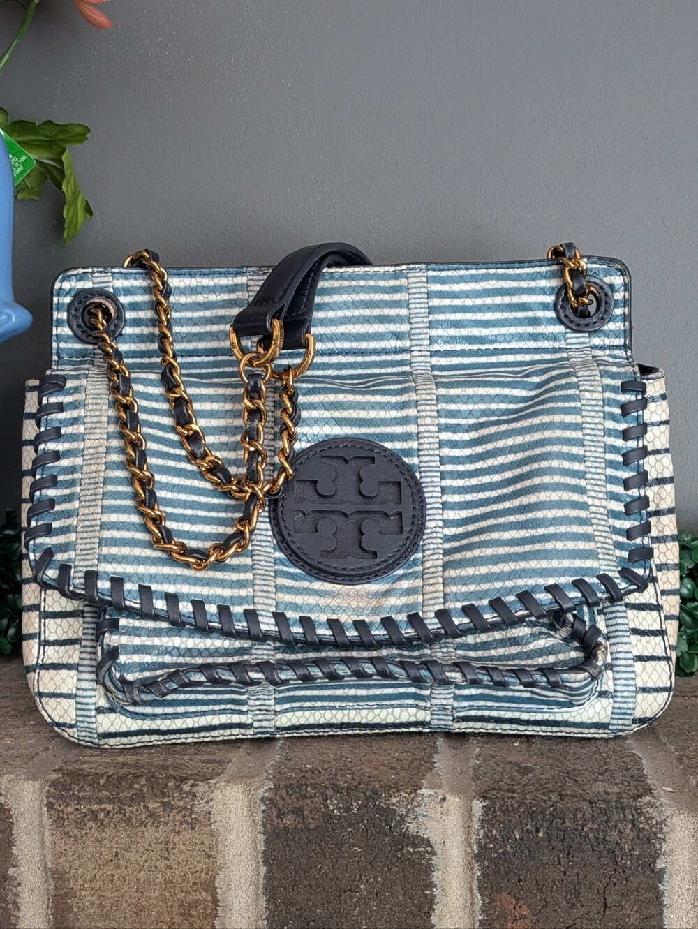 Tory Burch Blue and Cream Snakeskin Whipstitch Shoulder Bag